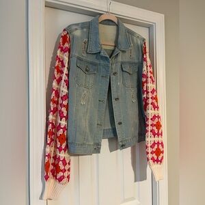 Upcycled Denim Jacket with Crochet Sleeves